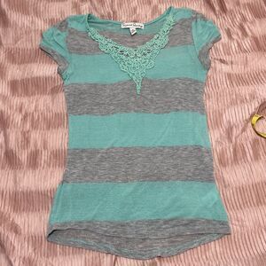 French Laundry Womens Blue V Neck T shirt Size Small Crochet Trim